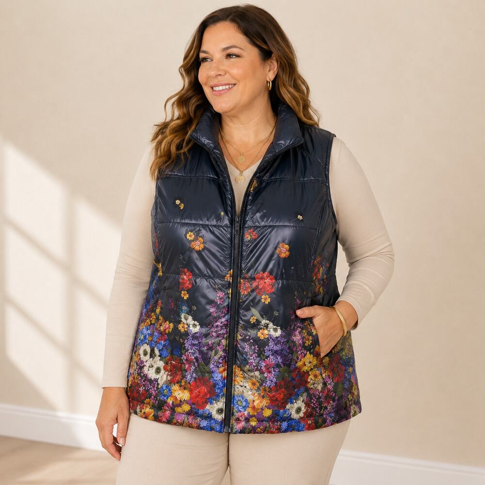 Norm Thompson Women's 1X Floral Puffer Vest Quilted Zip Jacket Plus Lightweight